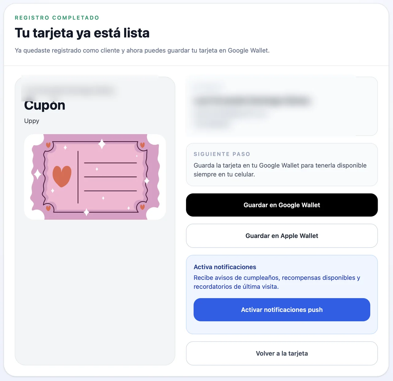Pantalla anonimizada para guardar una tarjeta HiTicket en Google Wallet o Apple Wallet